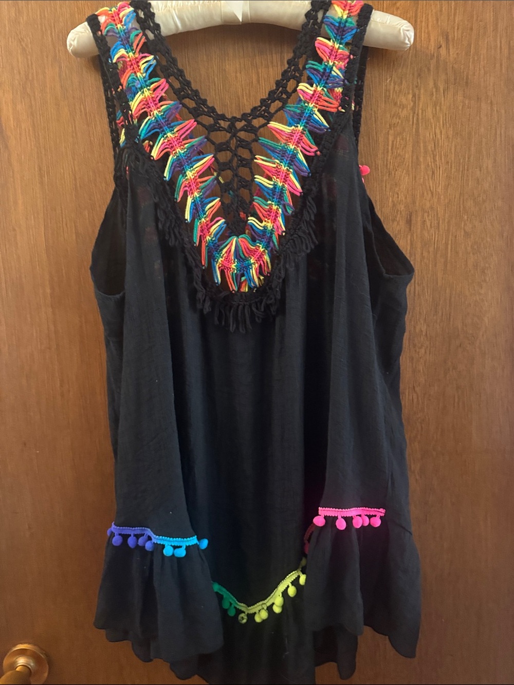 Black Swim Coverup with Rainbow Crochet V-Neck & Pom Trim